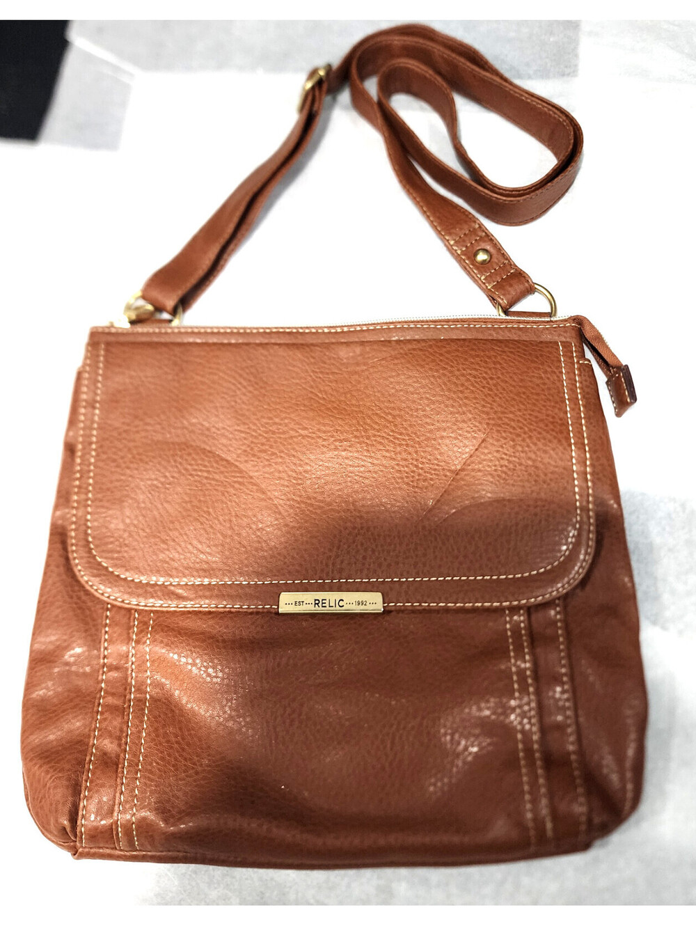 Relic by Fossil Brown Pebbled Leather Crossbody Flap Bag Organizer Purse 11x11